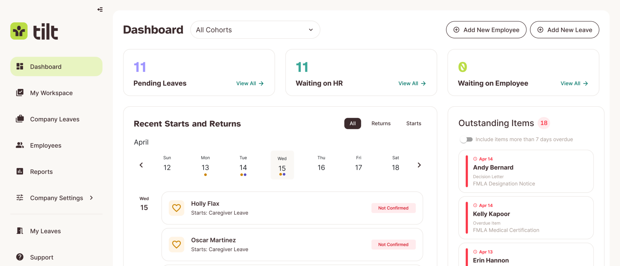 Tilt HR dashboard showing the in-house leave management workspace